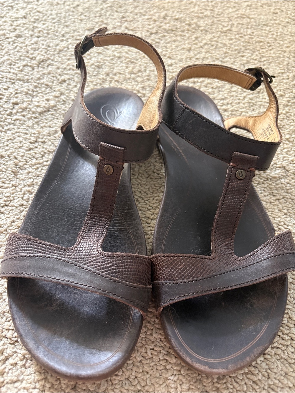 OluKai Dark Brown Leather T-Strap Ankle Strap Sandals
